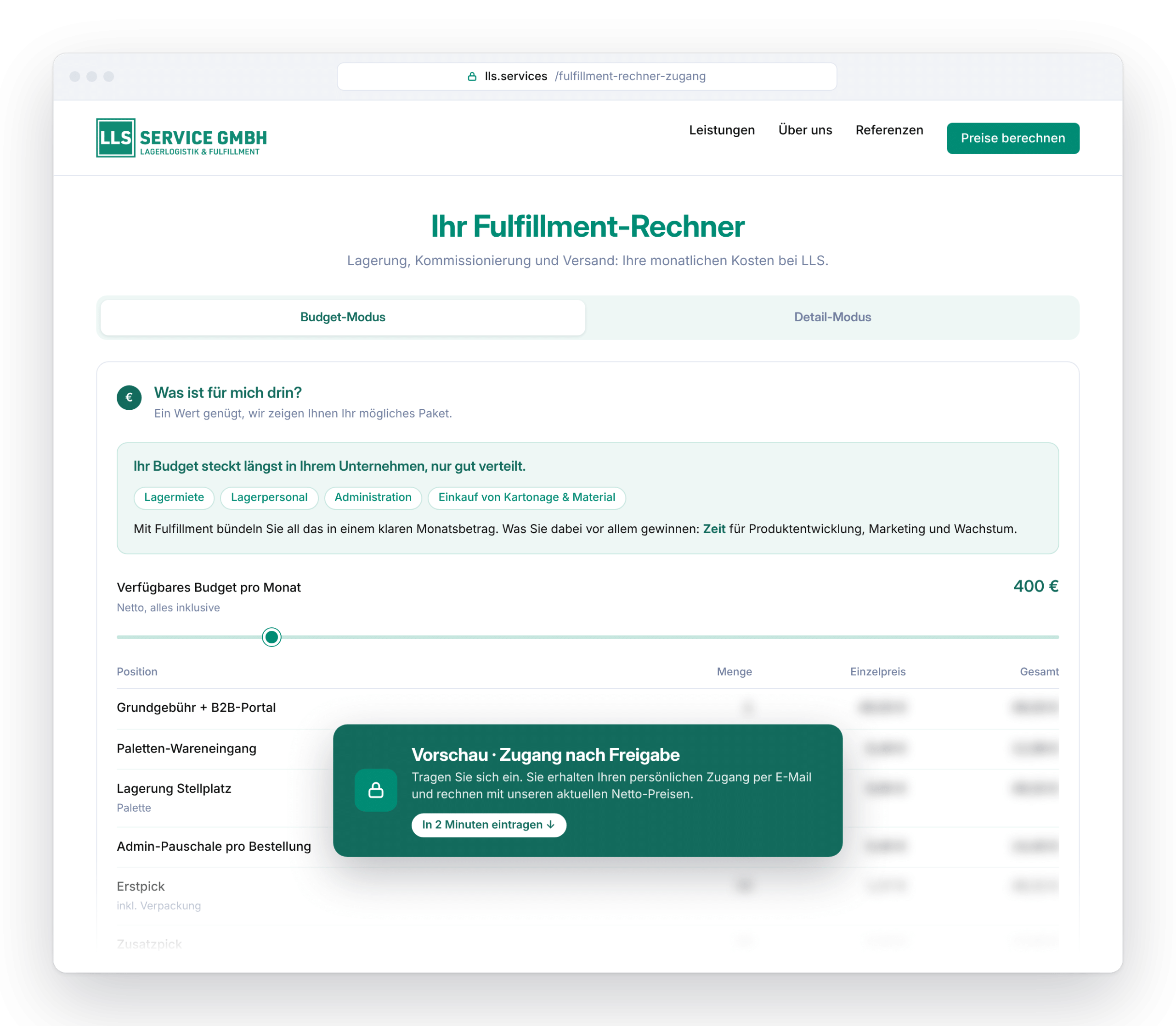 Vorschau LLS Fulfillment-Rechner am Desktop