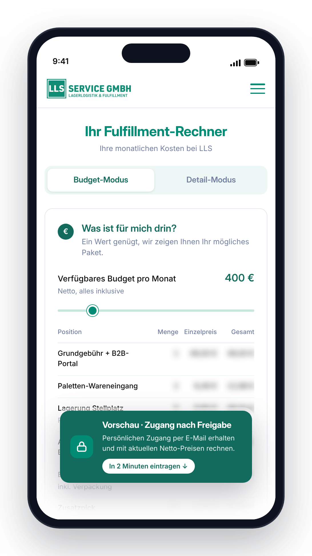 Vorschau LLS Fulfillment-Rechner auf dem Smartphone